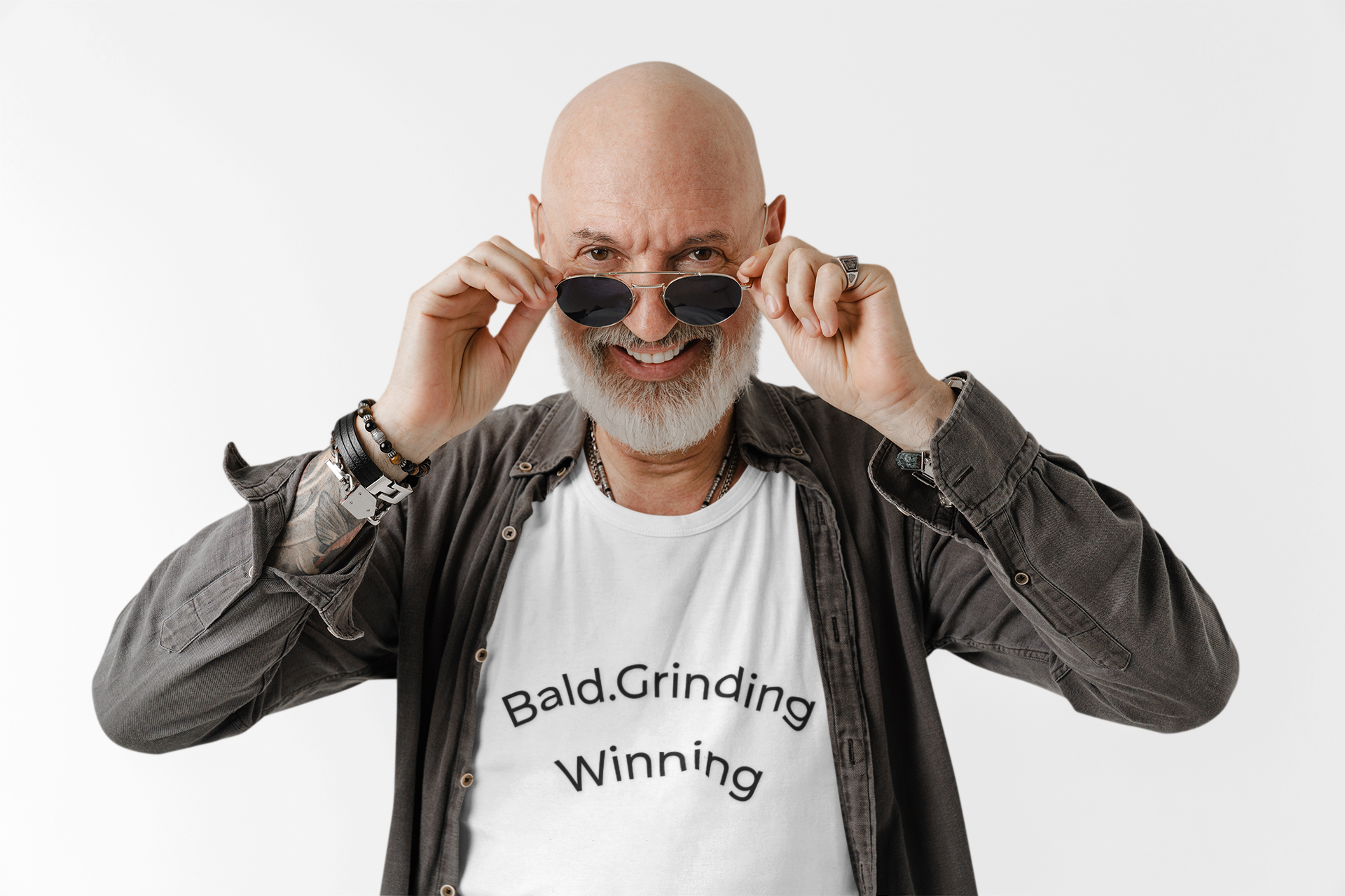 Bald. Grinding. Winning. Tee - The Hair Left. The Rizz Didn't.